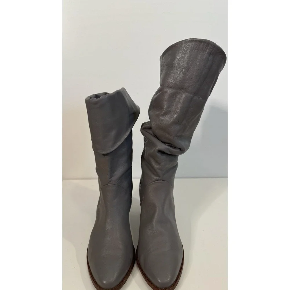 Vintage Gray Leather Slouch Fold Over Mid Calf Boots Pointed Toe Women's 7.5